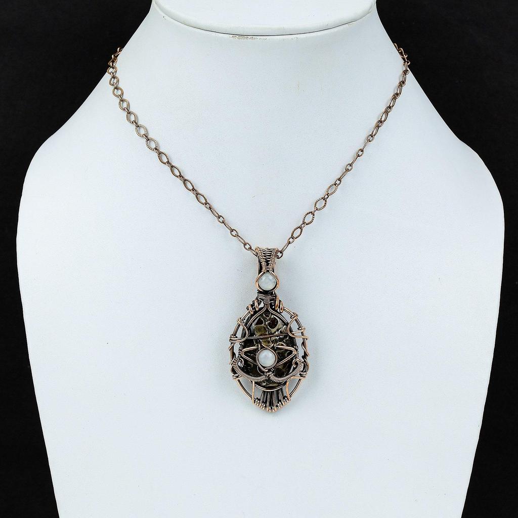 Evil Eye Turritella Agate Gemstone Pendant Copper Wire Wrapped Pendant Rainbow Moonstone Pendant Handmade Copper Jewelry Gift For Engagement