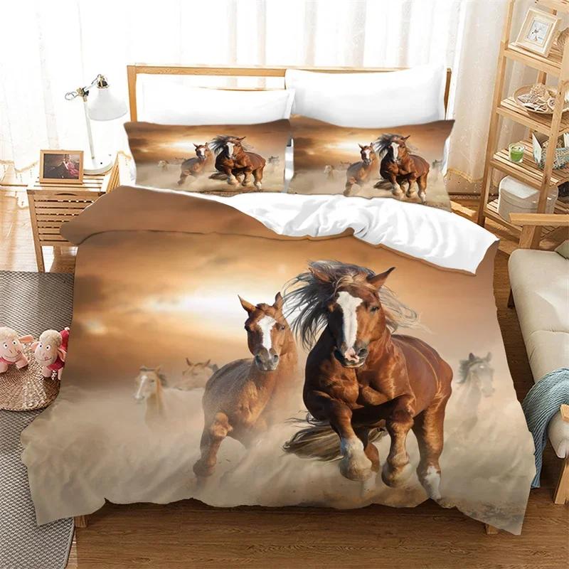 Пододеяльник Лошади Бегущие Лошади Комплект Постельного Белья Микрофибра Западные Сельскохозяйственные Животные Наволочка King Для Девочки Подростка Взрослой Комнаты Декор EU Double(200x200cm)