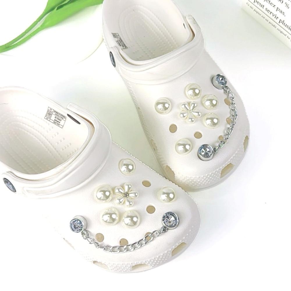 14PCS Fashion Shoe Charms for Clogs Set Accessories Hole Shoe Buckle Summer Pearl Flower Diamond Chain DIY Shoes Decorations