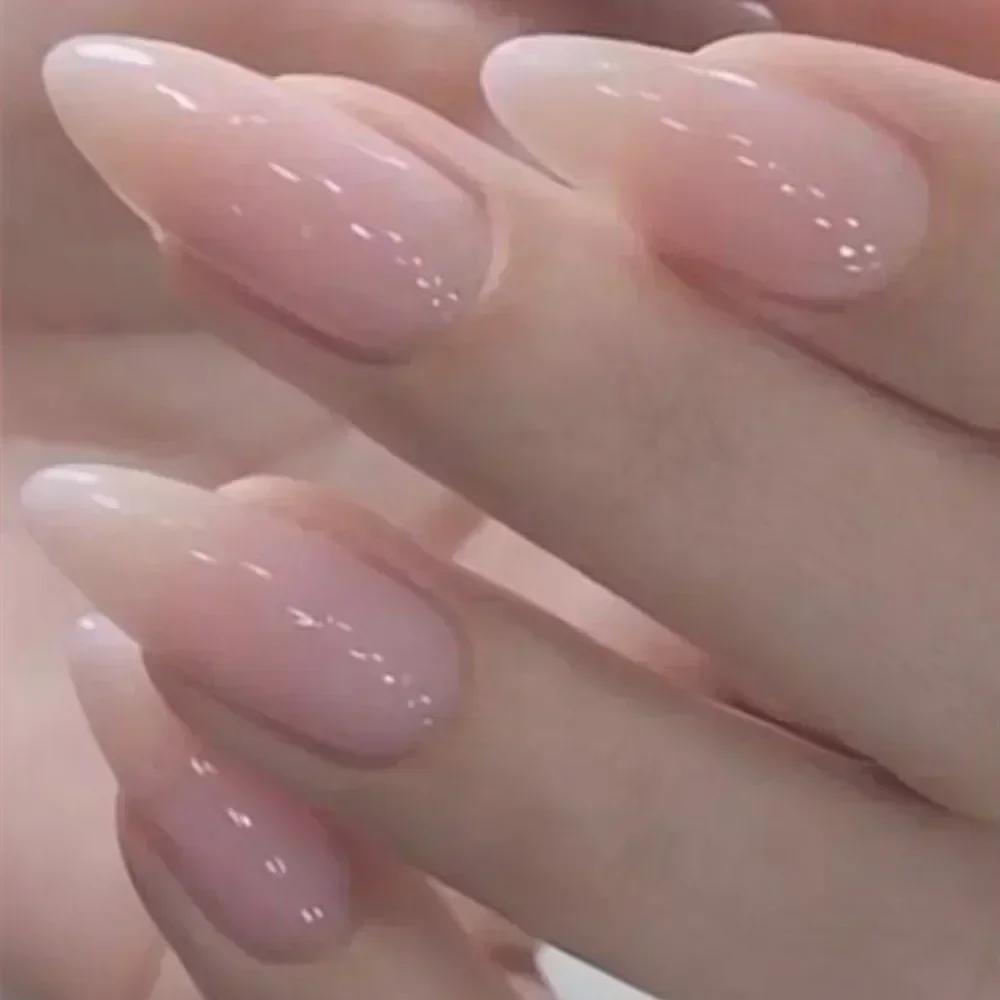 24Pcs Almond Pure Handmade Press On Nails Full Cover Butterfly French Pearl Diamond False Nails Wearable Manicure Nail Tips Art