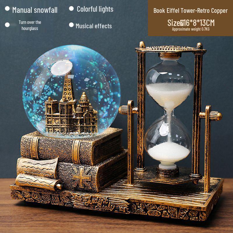 Retro Iron Tower Music Box with Luminous Crystal Ball Hourglass - Perfect for Desktop Ornament or Small Gift for Graduation, Qixi, or Valentine's Day.
