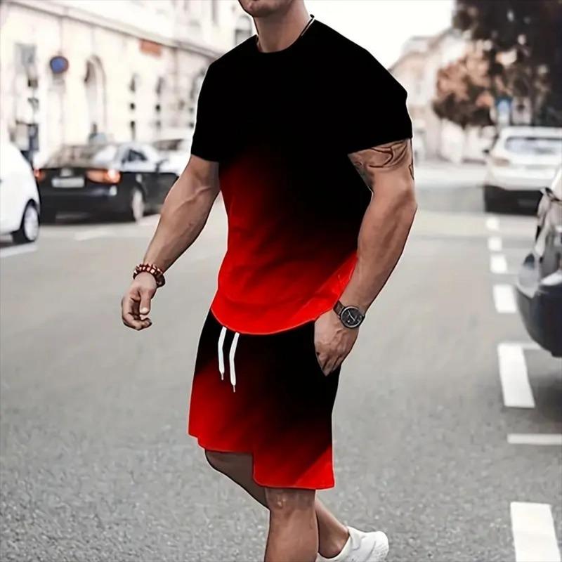 Summer Fashion Casual Men's Suit Gradient 3D Printed Sportswear Short-sleeved Suit Oversized Round Neck T-shirt Shorts 2-piece