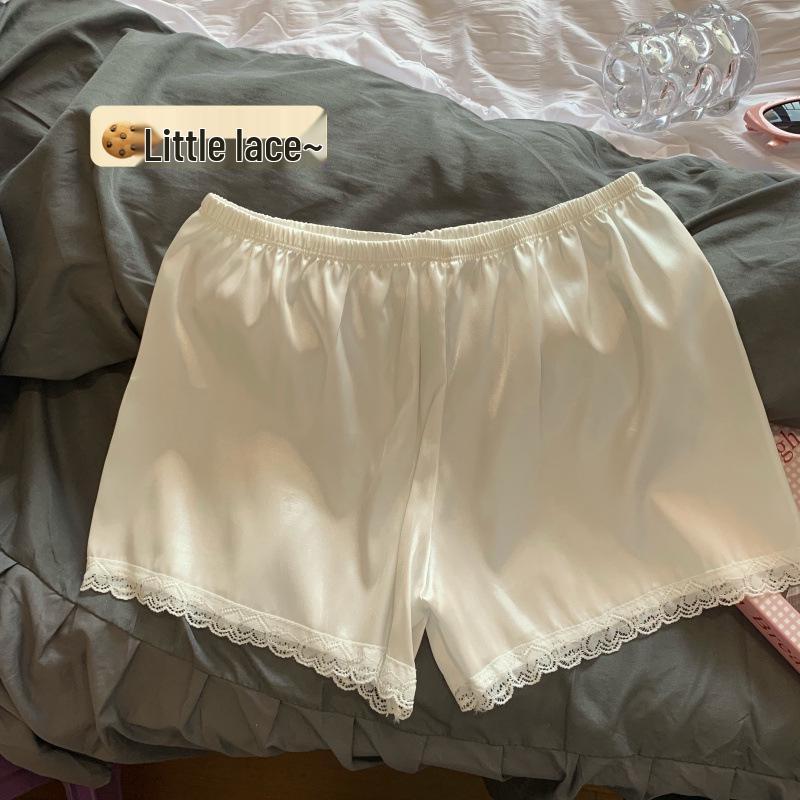 

Women s Korean Style Anti-Exposure White Safety Shorts with Black Lace Trim One Size