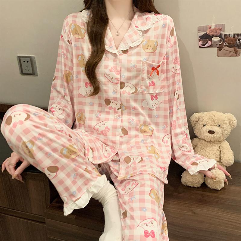

Ikko pajamas women s spring and autumn lapel lace long-sleeved thin girls imitation cotton loungewear set 2XL [Recommended 130-72.5kg]