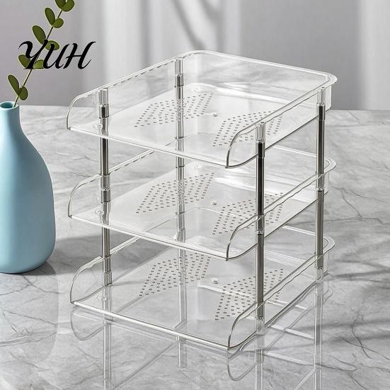 Stackable Office Storage Clear Desk Organizer, Transparent Layers PET File Rack, Stationery Box Space Saving Organizer for A4 Documents And
