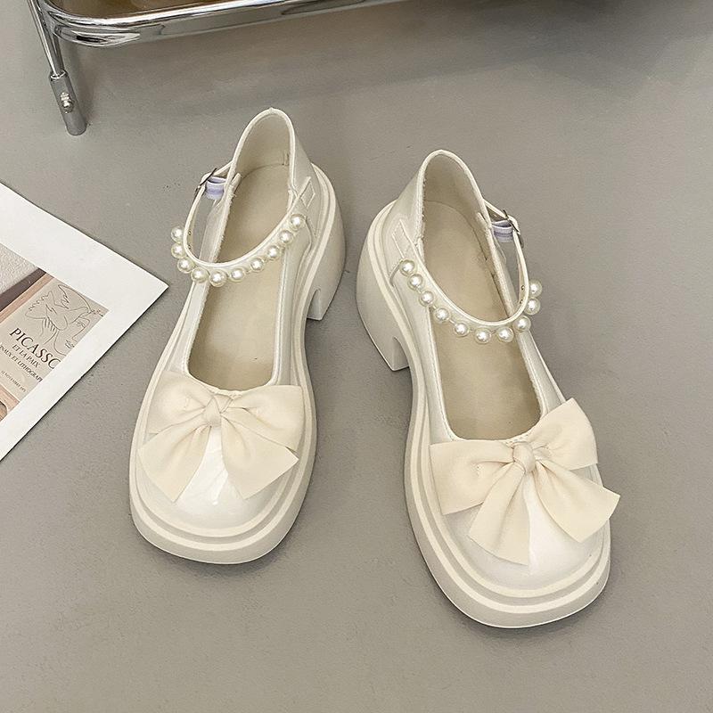 Mary Jane Shoes Women's Spring 2025 New Fashion High Heel Bow Platform Heel Pearl with Skirt Small Leather Shoes