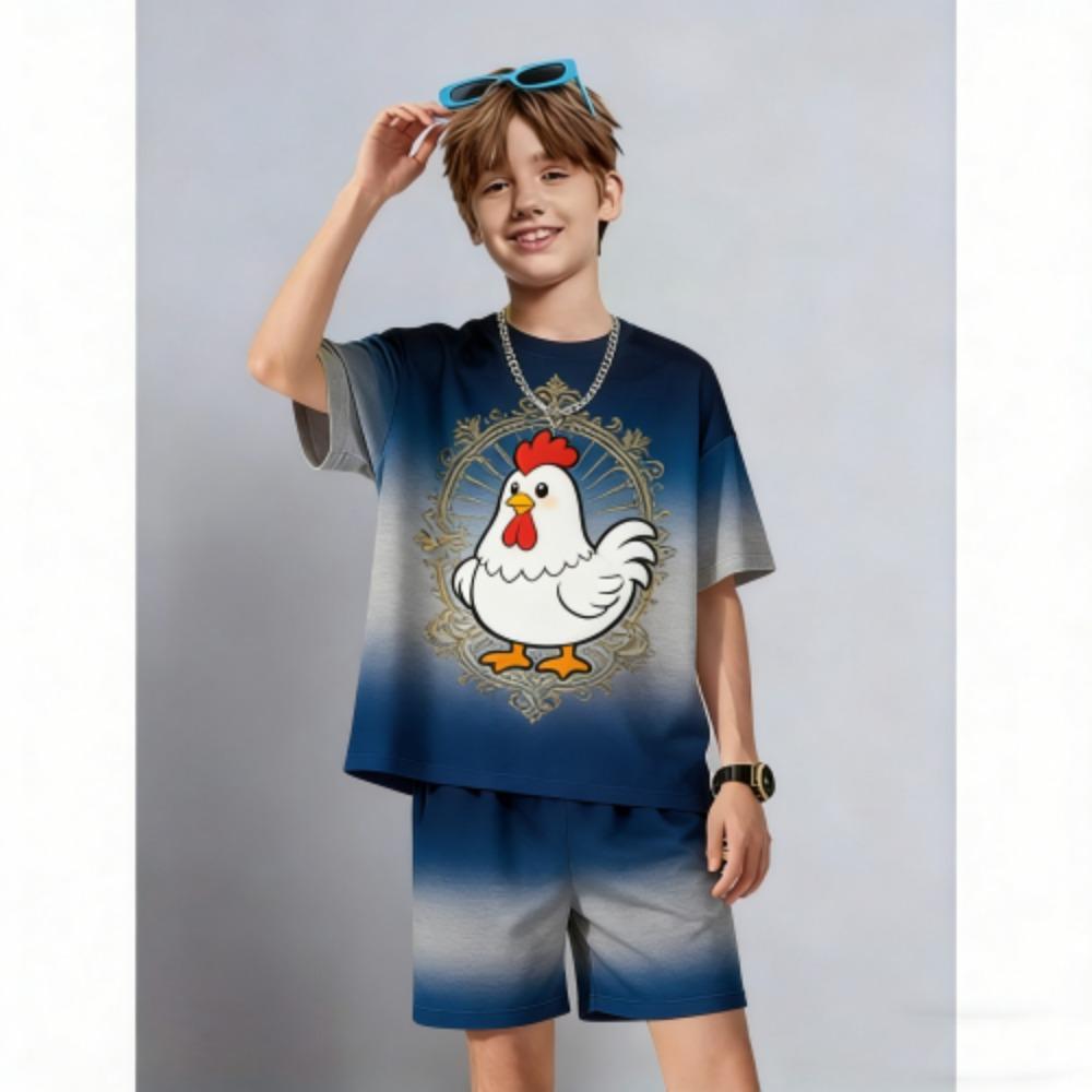 Kids Set Fashion Cartoon Chicken Printed Kids T-shirt and Shorts 2 Piece Set Summer Casual Outdoor Boys and Girls Outfit Kids Clothing