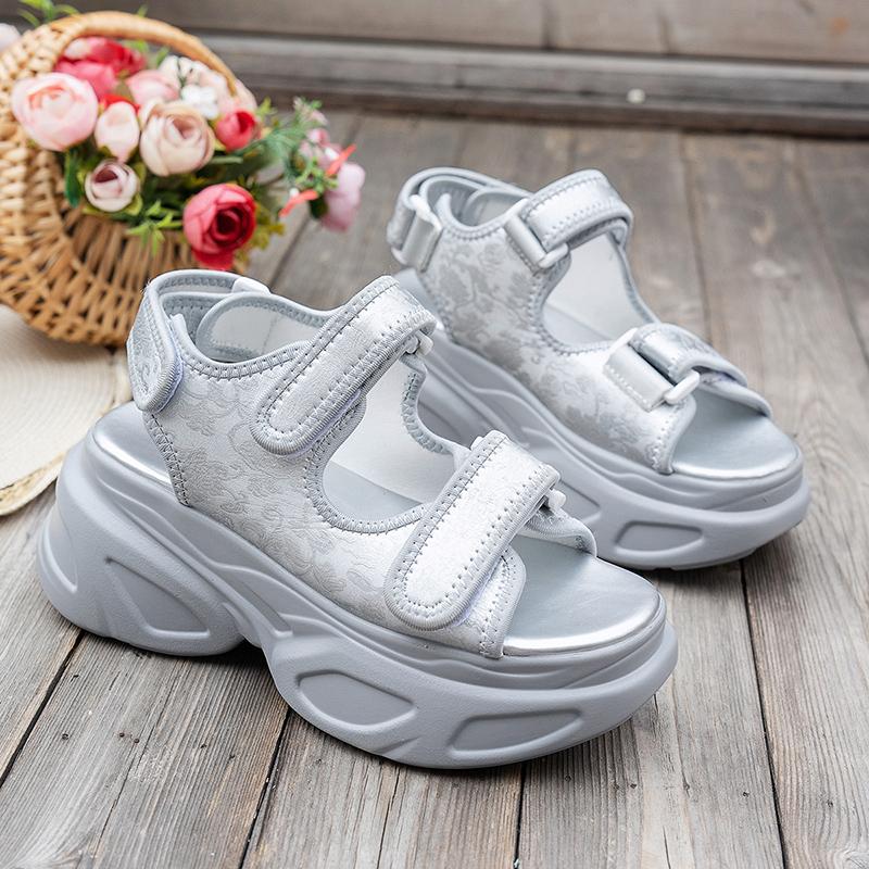 Silver Chunky Platform Sports Sandals for Women Summer Hook Loop Wedge Heel Sandals Woman Thick Bottom Casual Sandles