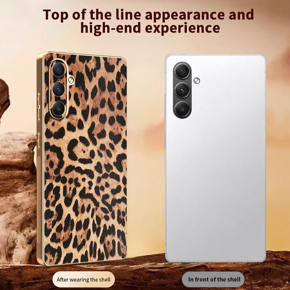 For Samsung Galaxy A35 5G Case Leopard Print PU Leather Coated PC + TPU Electroplating Phone Cover