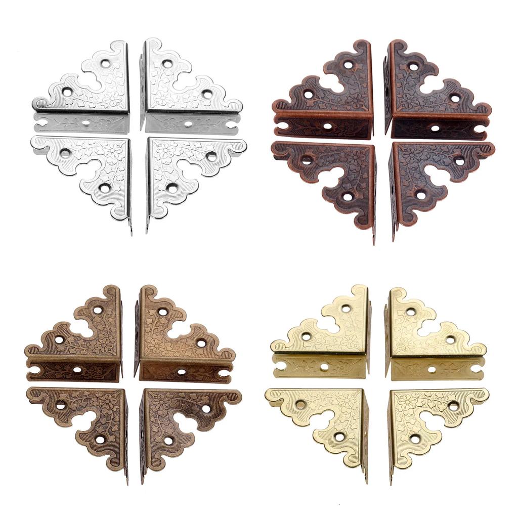 4pcs/lot Antique Alloy Triangle Corners Wooden Jewelry Box Flower Lace Edge Protector Decor Carved 34mm Bronze/Red/Gold/Silver