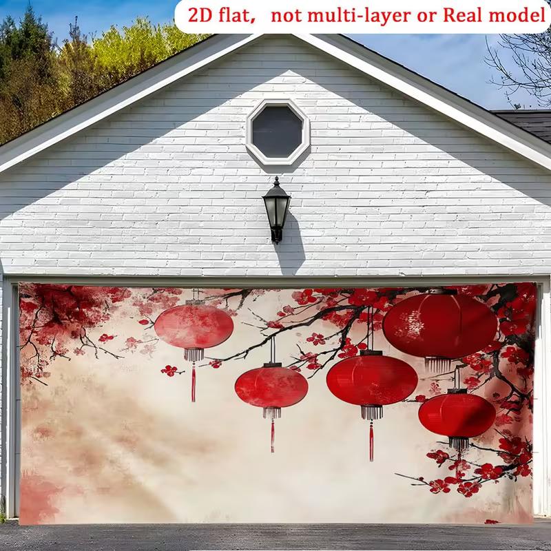 2D Watercolor Style Red Lantern Plum Blossom Tapestry Backdrop for Home