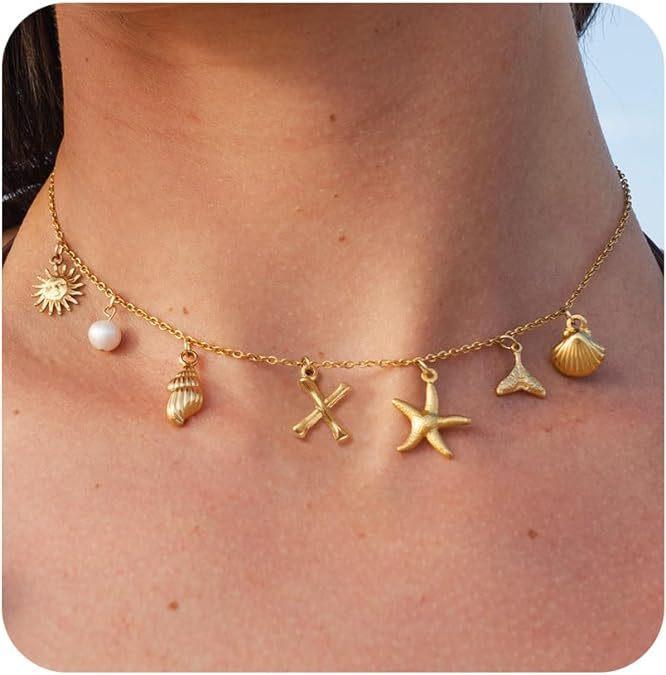 New Surfer Girl Necklace Beach Jewelry Initial Necklace for Girlfriend Seashell Letter Choker Starfish Accessories