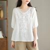Summer Women's Literary Vintage Embroidery Cotton Linen Shirt Ladies Half Sleeve Loose Casual Blouse Women's Clothing Tops