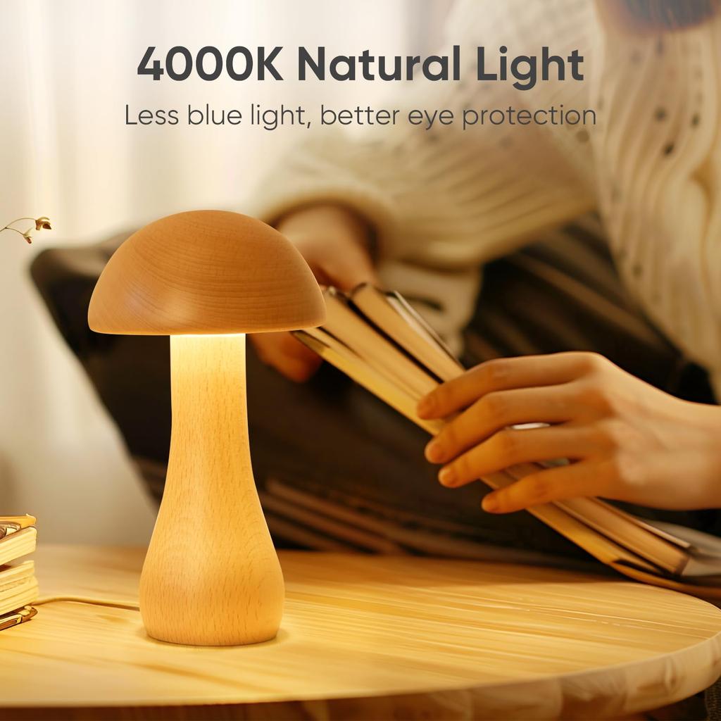 Portable Cordless Wooden Mushroom Lamp with Touch Switch, Small Size, Rechargeable, Stepless Dimming, 360-Degree Rotation, Perfect As a Birthday Gift