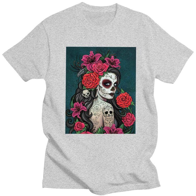 Custom Mexican Catrina Sugar Skull Lady Tshirts for Men Short Sleeve Casual T Shirt Tshirt Pure Cotton Tee Gift
