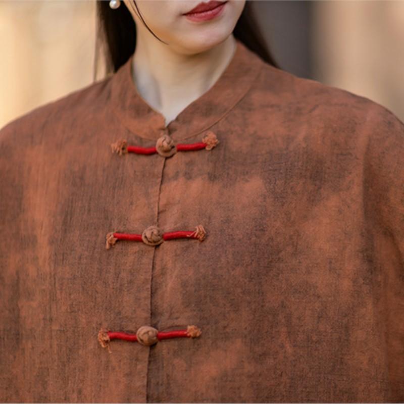 Johnature Women Vintage Blouses Spring Chinese Style Solid Color Shirts Stand Long Sleeve Button Shirts