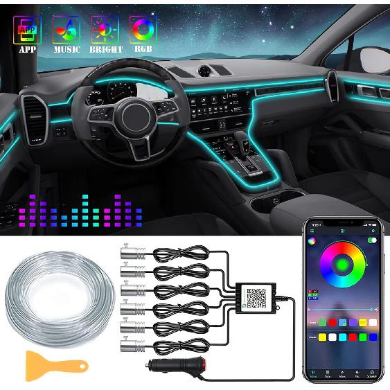 Светодиодные ленты для салона автомобиля, RGB 6 в 1 комплекты амбиентного освещения с оптоволокном 315 дюймов, 16 миллионов цветов, управление через приложение по беспроводной связи Bluetooth, Автомобиль
