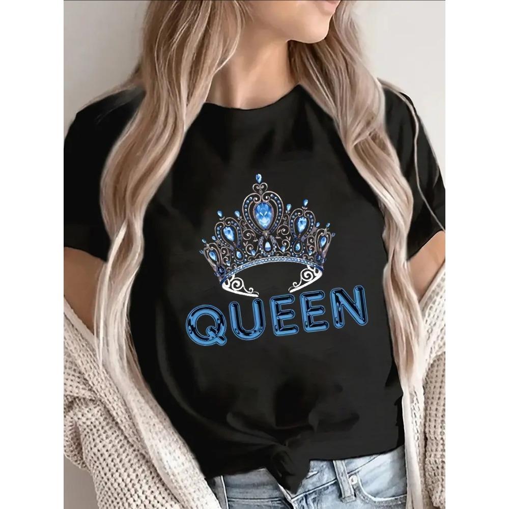 Womens Crown Print TShirt Round Neck Short Sleeve Top Featuring Turquoise Crown Design Casual and Party Wear