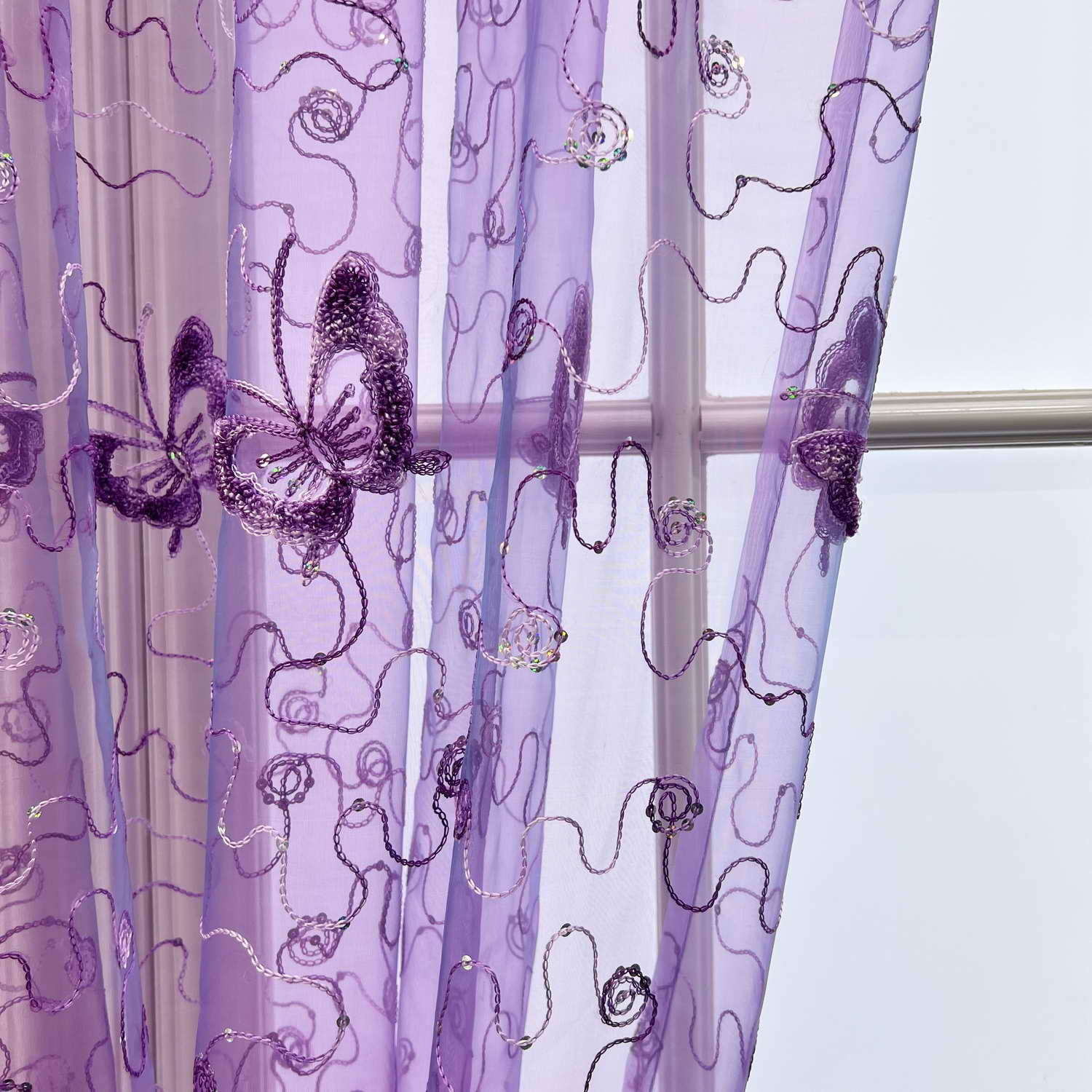 Romantische Moderne Geborduurde Pailletten Vlinder Rustieke Transparante Paarse Voile Gordijnen voor Woonkamer Slaapkamer Keuken 344&C 1PCS W200cm X H260cm&Rod Pocket Process