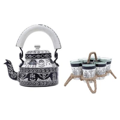 Handpainted Multicoloured Aluminium Tea Kettle Pot and 6 Glasses with Stand (Black & White)