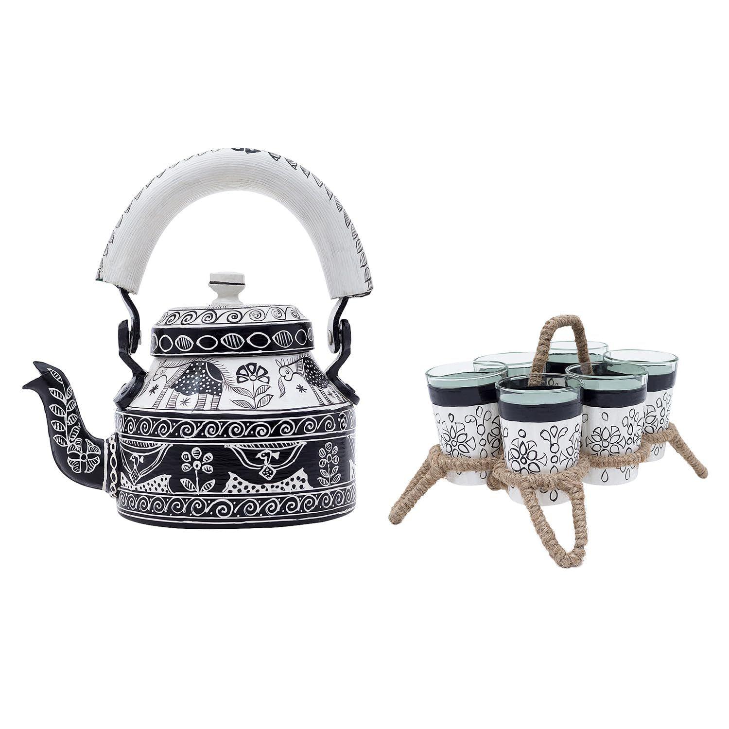 

Расписанный вручную разноцветный алюминиевый чайник и 6 стаканов с подставкой (Черно-белый) чёрный/белый