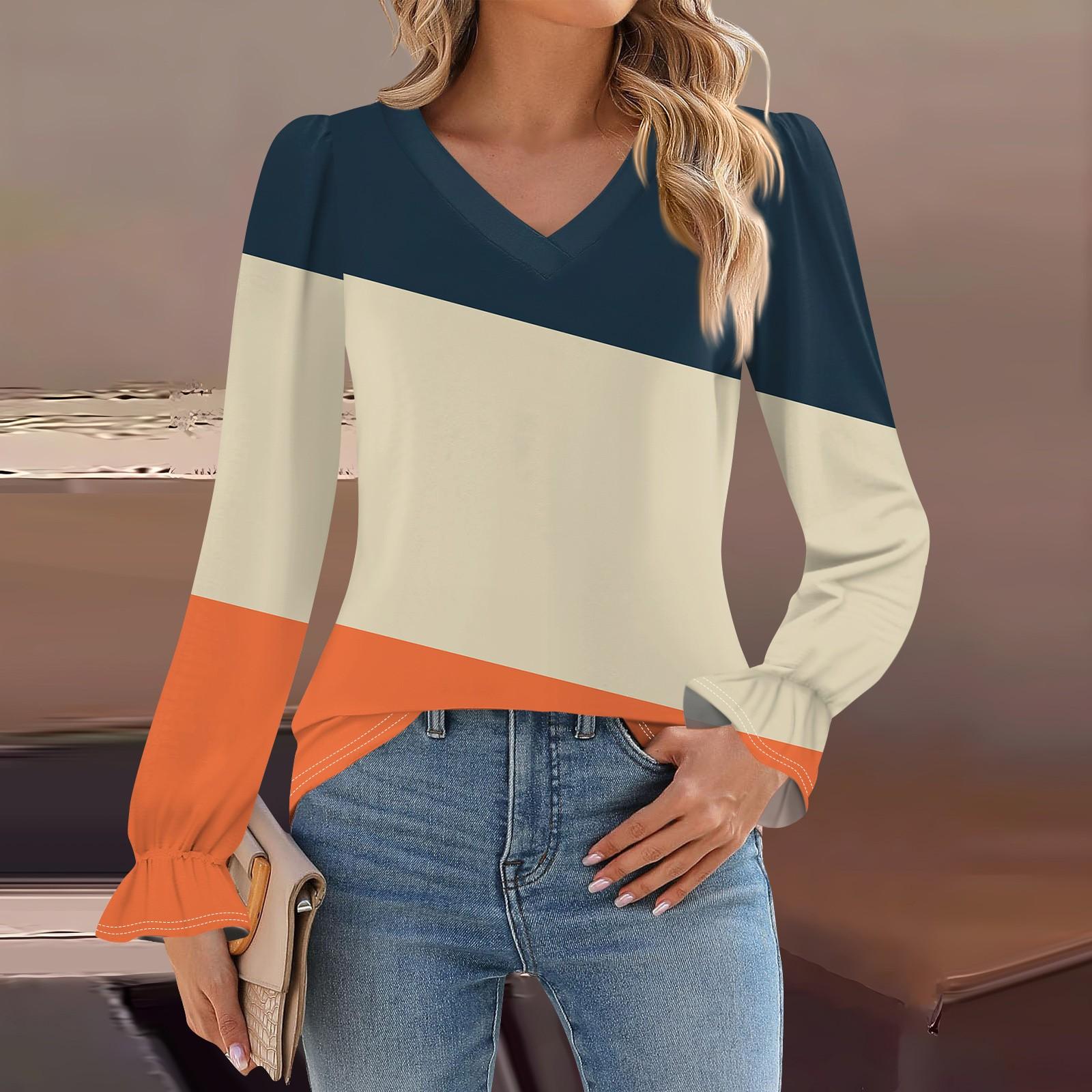 

Женская мода повседневная блузка с длинным рукавом и принтом, V-образным вырезом, рукавом-трубой L бежевый