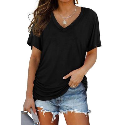 Nowy damski T-shirt z krótkim rękawem i dekoltem w serek w jednolitym kolorze, modny casualowy T-shirt