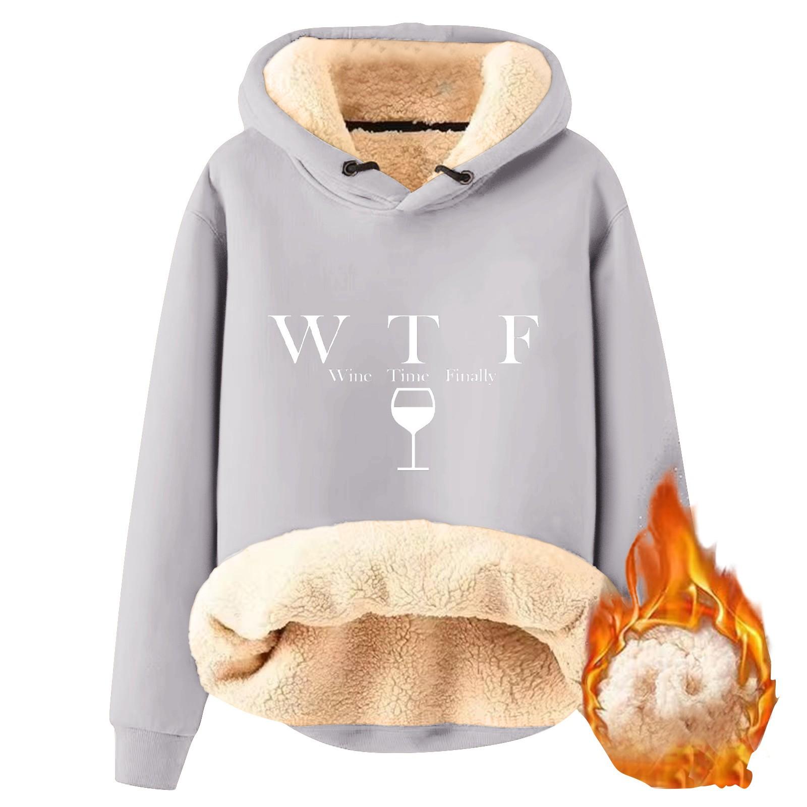 WTF WINE TIME FINALLYЖенская модная флисовая теплая свободная толстовка с капюшоном и принтом букв XL светло-серый 2135₽