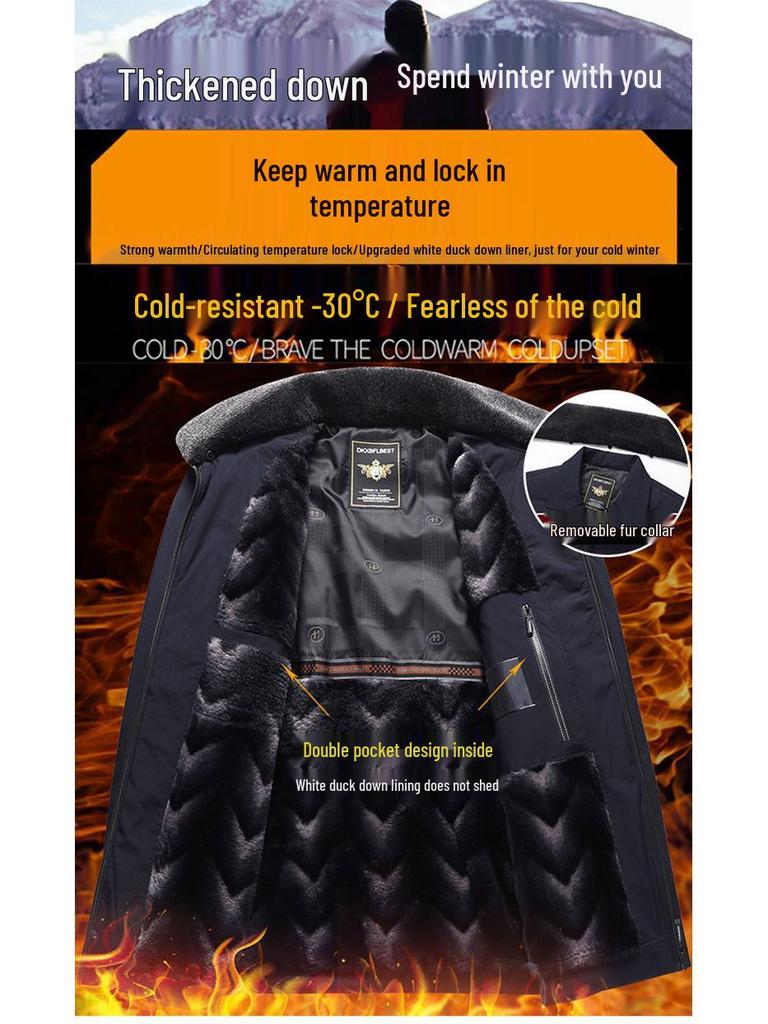 Men's Thickened Lapel Collar Down Jacket with Fleece Lining - Winter Short Style for Middle-Aged and Elderly