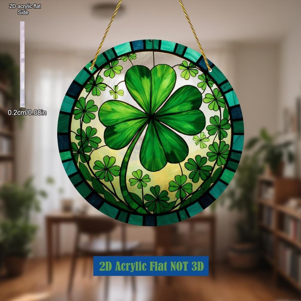 Green Four-Leaf Clover Stained Glass-Style Suncatcher, with Irish Good Luck Charm, Colorful Patterns, Nurseries, Vintage Home Decor Wall for Bar Kit
