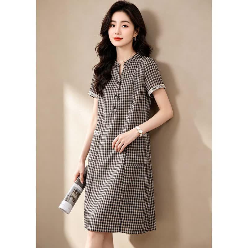 D.F.DEAR 2026 Summer V-Neck Plaid Dress