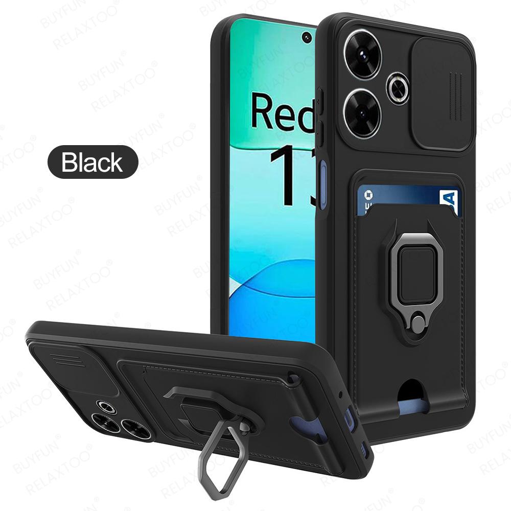 

Redmi13 4G Case Push Pull Camera Protect Shockproof Coque For Redmi 13 4G/Poco M6 4G Magnet Holder Ring Card Bag PocoM6 M 6 4G For Poco M6 4G