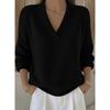 Women Solid V Neck Loose Long Sleeve Knit Pullover Sweater Casual Knitwear