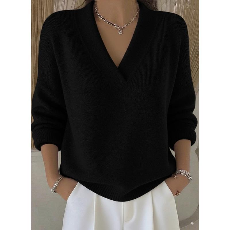 Women Solid V Neck Loose Long Sleeve Knit Pullover Sweater Casual Knitwear