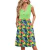 Women Summer Printing Dresses Sleeveless Casual Loose Swing Button Down Midi Sundress With Pockets