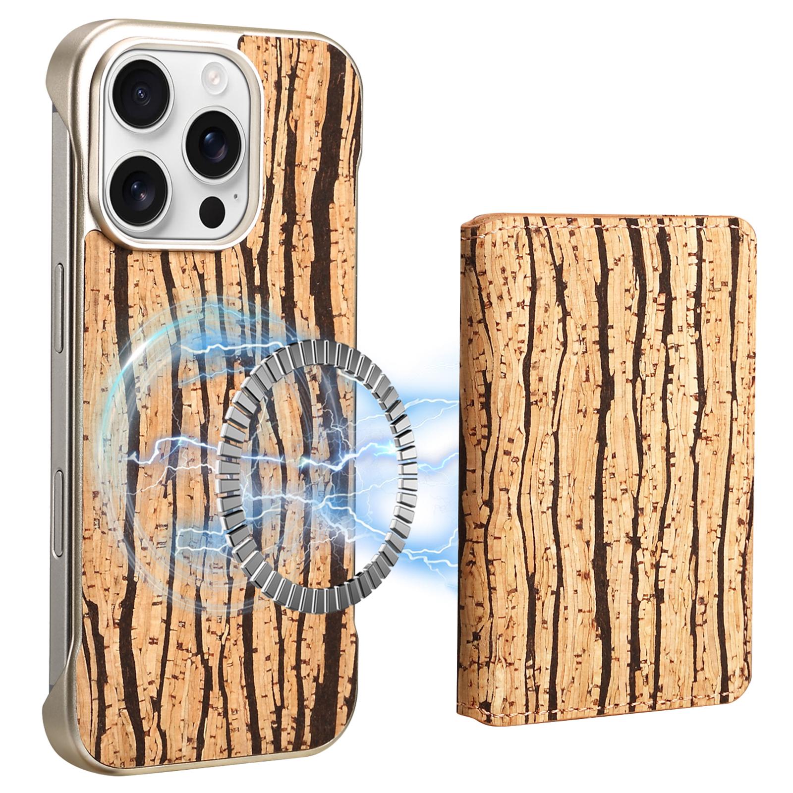 

For iPhone 16 Pro Max Magnetic Case Compatible with MagSafe Pattern Print PU+PC Phone Cover with Card Holder Wood Grain Yellow