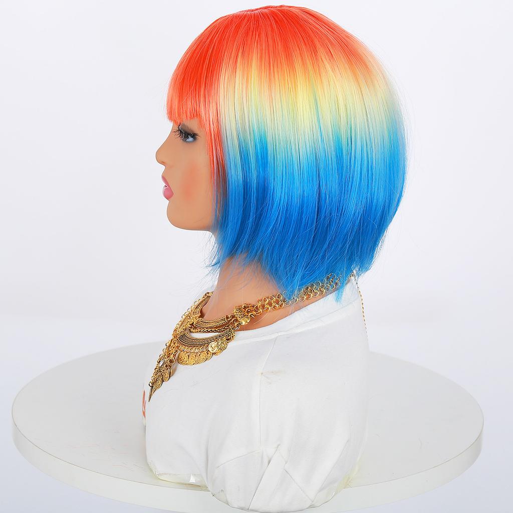 European American Women's Bangs Short Straight Hair Wig Multi-color Gradient Bob High-temperature Synthetic Headband