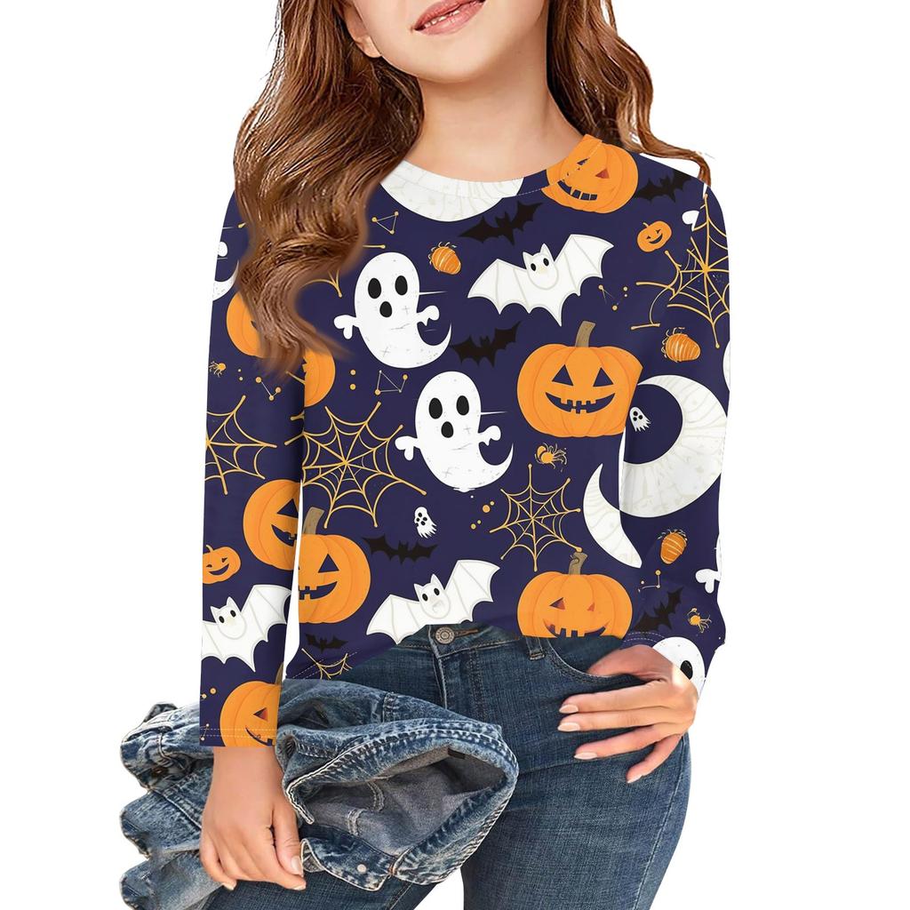 Girls Long Sleeve T Shirts Kids Fall Tops Crewneck Halloween Printed Basic Tees 3-9Y