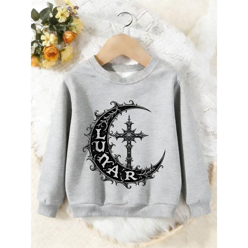 Unisex Kids Crewneck Sweatshirt, Gothic Lunar Crescent Moon Cross Print Pullover, Boys Girls Dark Style Casual Sweatshirt For Kids Over 4 Years Old