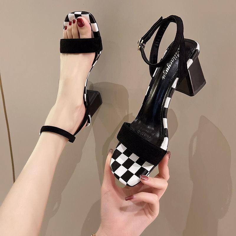 

One-word sandals women s summer models 2025 new Mary Jane thick heels plaid square head high heels thousand bird plaid sandals 35