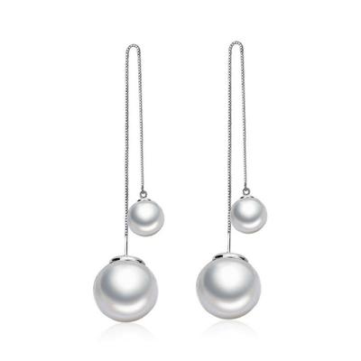 Mode 925 Stempel Silber Farbe Doppel Perle Kette Ohrring Ohr Linie Lange Ohrringe 12 cm Für Frauen Boucle