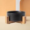 Non-Slip Ceramic Cat and Dog Bowl with Wooden Stand - Black, High-Footed Design for Cervical Spine Protection