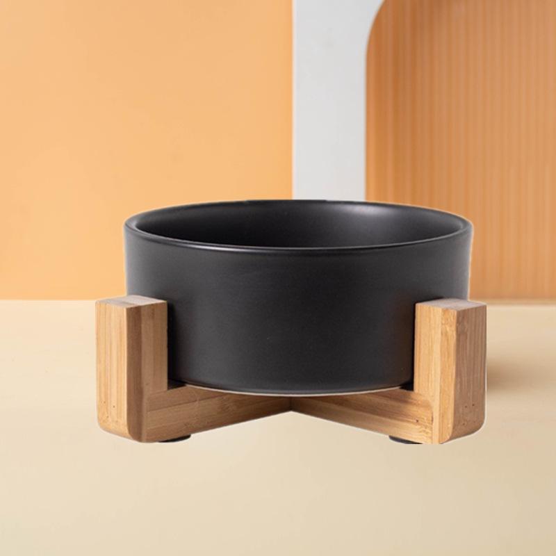 Non-Slip Ceramic Cat and Dog Bowl with Wooden Stand - Black, High-Footed Design for Cervical Spine Protection