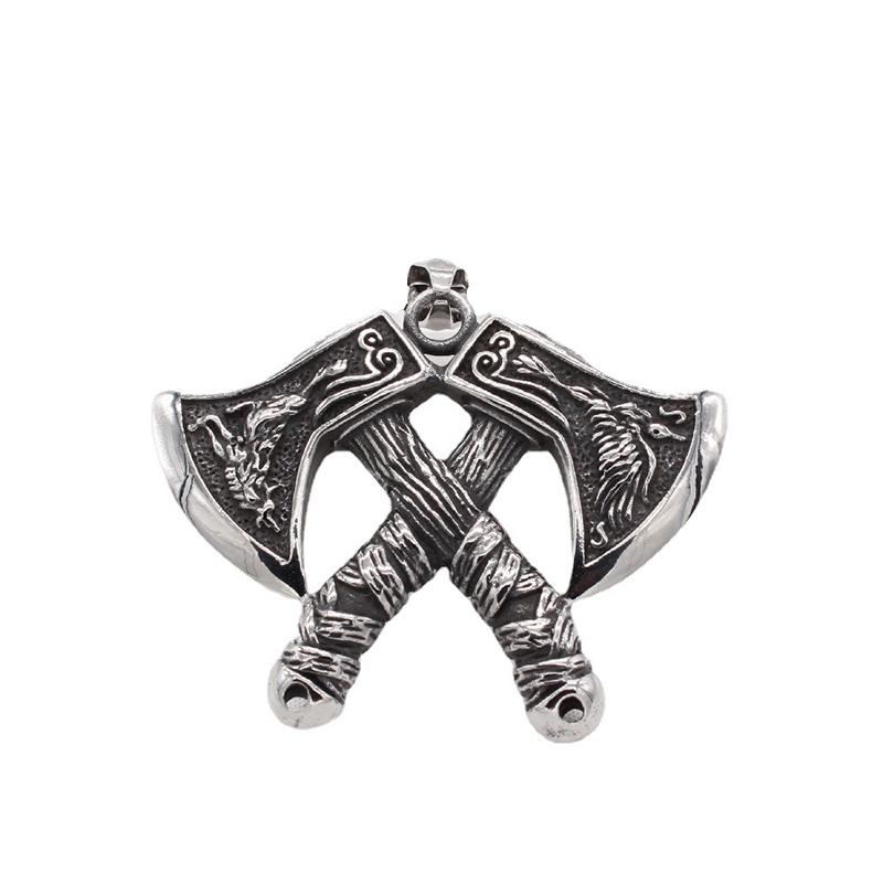 Boutique Stainless Steel Viking Wolf and Odin Crow Axe Pendant Necklace Vintage Men's Nordic Popular Jewelry for Birthday Gifts