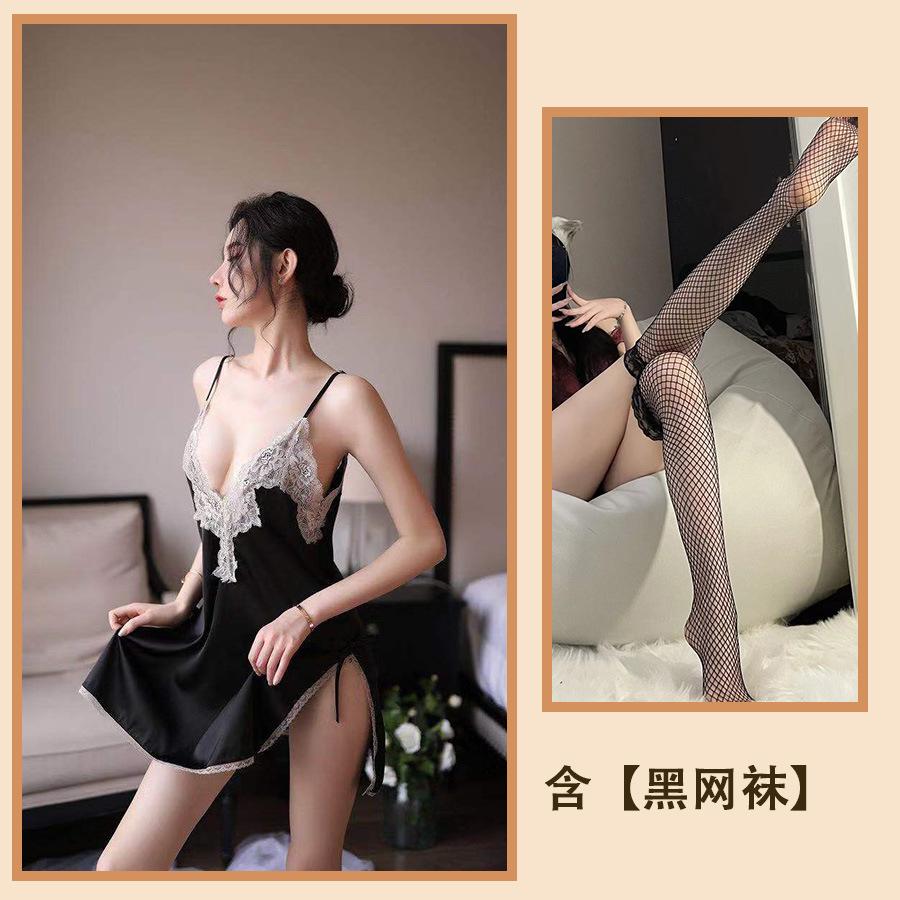 Sexy spodní prádlo Ledové hedvábí Svádění Sexy rozparkové pyžamo Květiny rozpustné ve vodě Duté podvazkové pyžamo Domácí Velká velikost Ženy