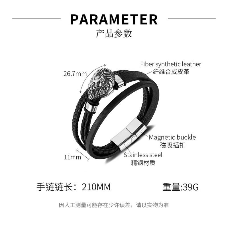 Кожаный Браслет Мужской Персонализированный Ретро Нержавеющая Сталь Голова Льва Многослойный Плетеный