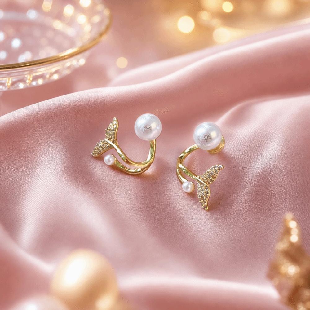 Exquisite Design Fish Tail Earrings Zircon Fish Tail Stud Earrings Pearl Crystal Earrings Commute