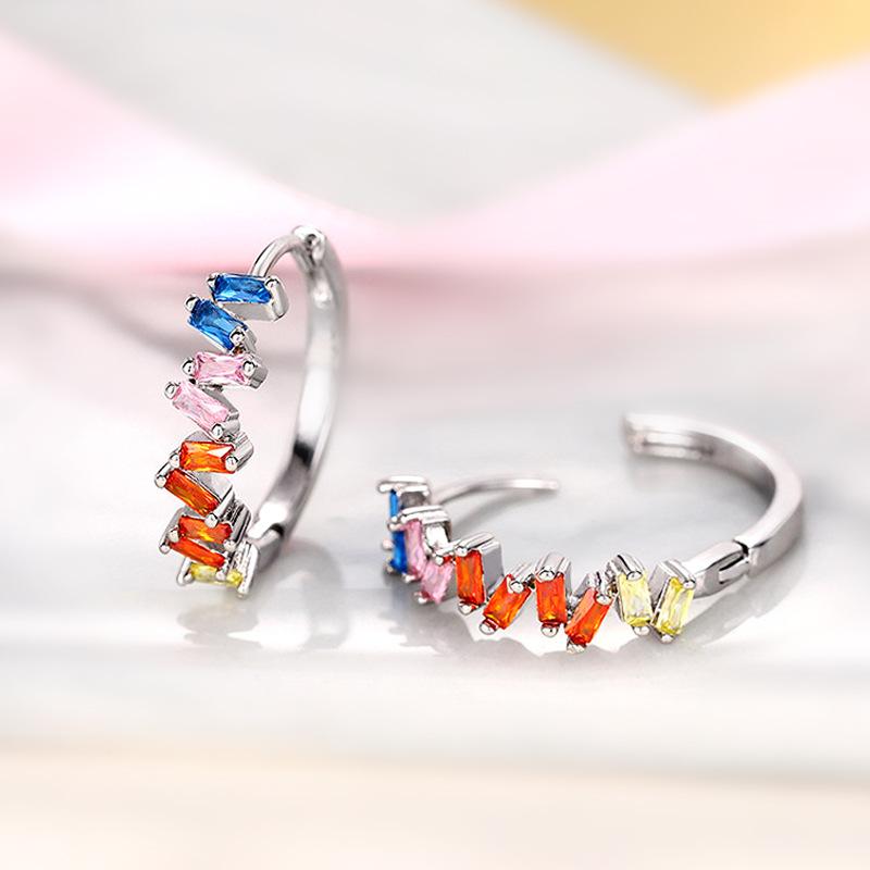 Silver Plated Rainbow Baguette CZ Huggie Hoops, Colorful Gradient Small Hoop Earrings for Women