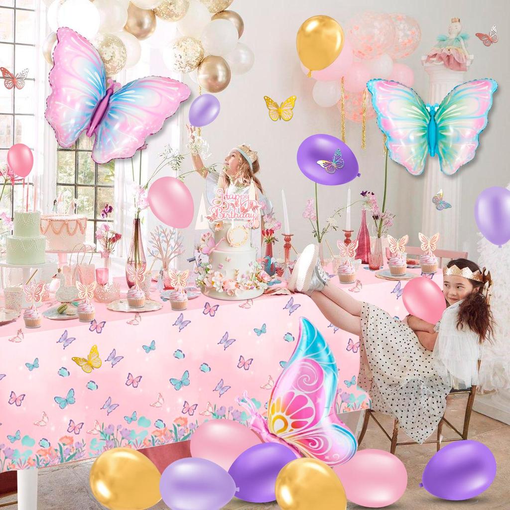 118 ks Motýlí narozeninové dekorace, Motýlí narozeninové party potřeby - Motýlí party balónky Dortové zápichy Ubrusy Nástěnné dekorace atd.