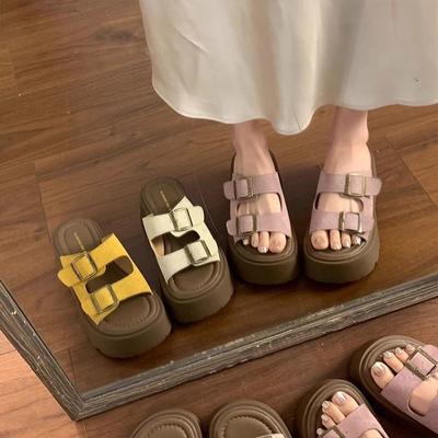 One-word Slippers French Muffin Bottom Daily Casual Style Versatile Summer New Lazy Wind Heightening Open-toed Cool Slippers